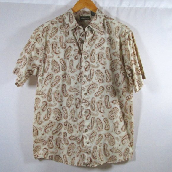 ODO Mens Tan & Brown Paisley Short Sleeved Button Down Shirt Sz Large Pr… - Picture 1 of 5